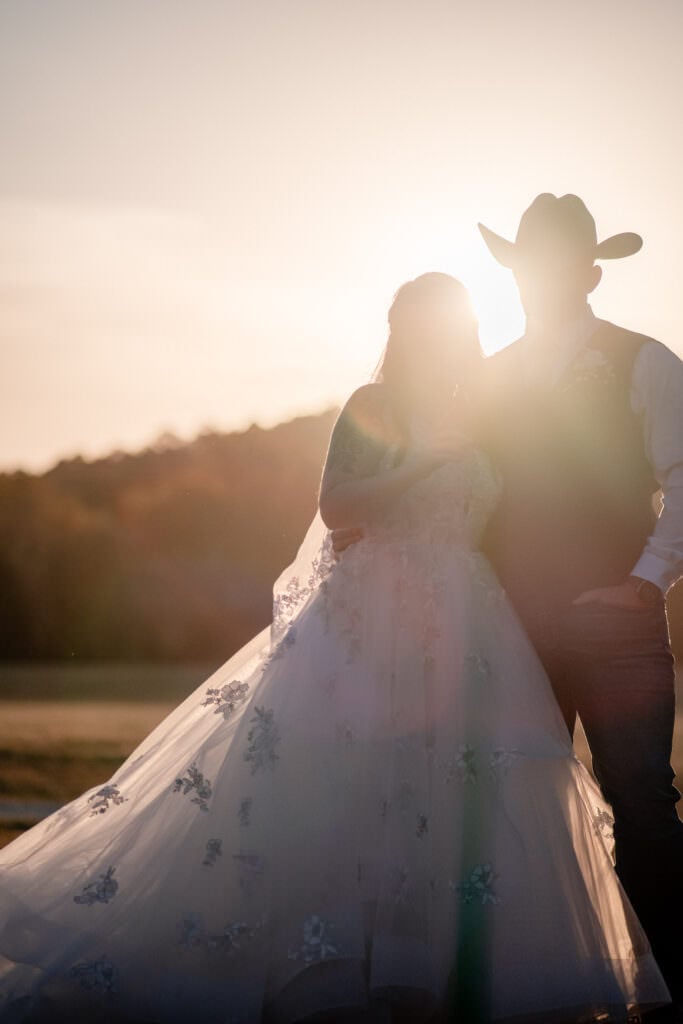Sunset Bride and groom at wicked pony ranch.