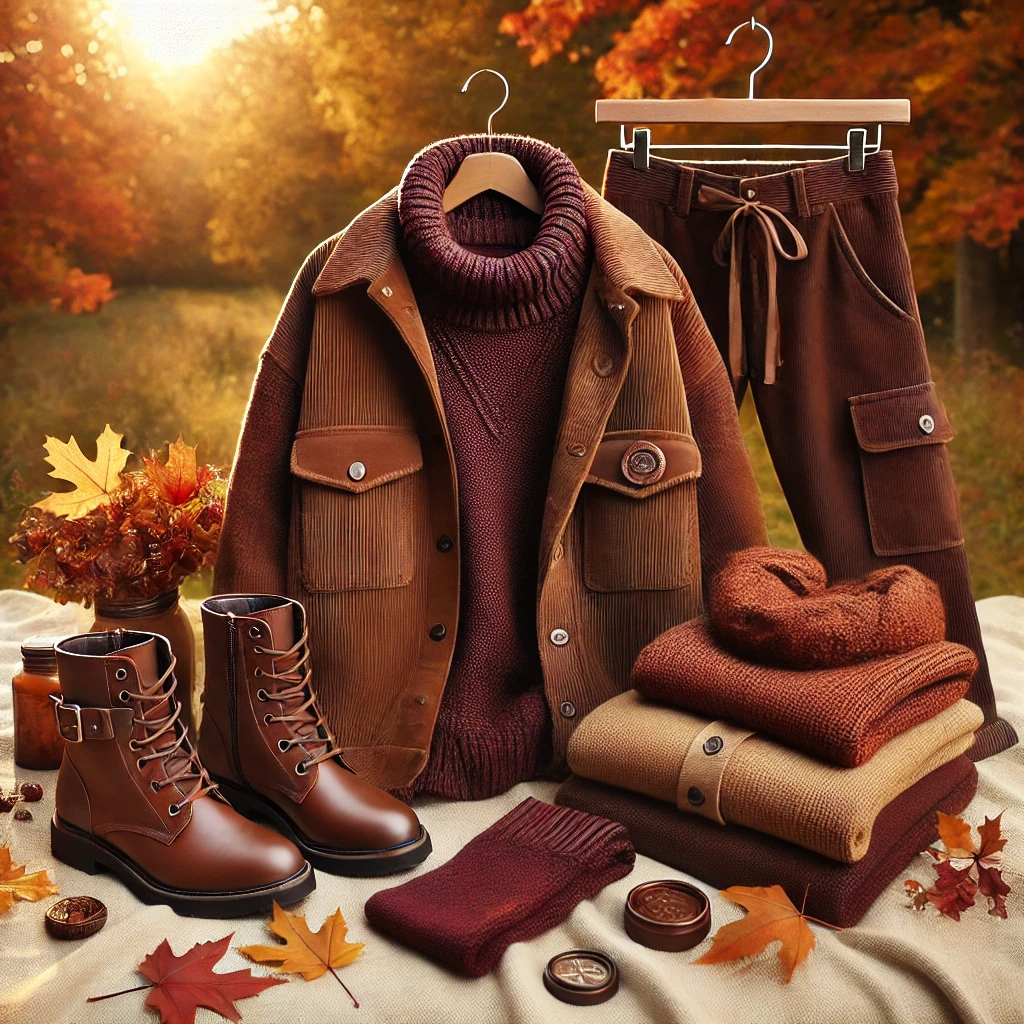 DALL·E 2024 09 08 10.21.24 a Cozy Fall Outfit Featuring Earthy Tones of Brown and Maroon Perfect for a Fall Photoshoot. the Outfit Includes a Maroon Sweater Paired with a Brown