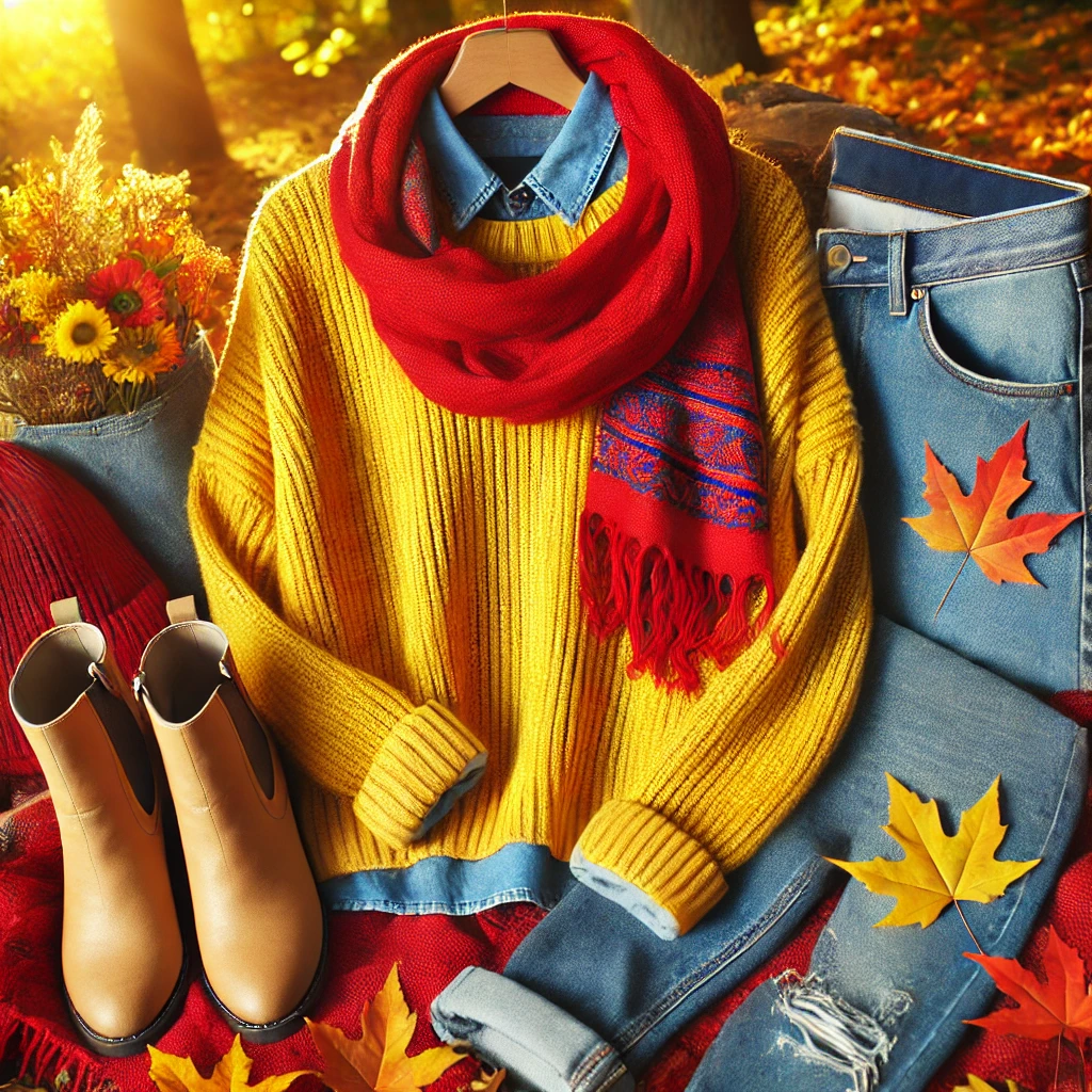DALL·E 2024 09 08 10.22.30 a Vibrant Fall Outfit Featuring a Warm and Bright Color Palette of Yellow Red and Denim. the Outfit Includes a Yellow Sweater Paired with a Red Scar